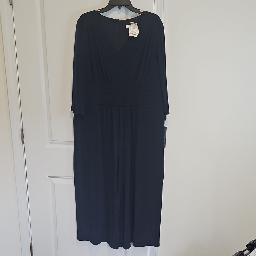 London Times Navy Jumpsuit with V-Neck